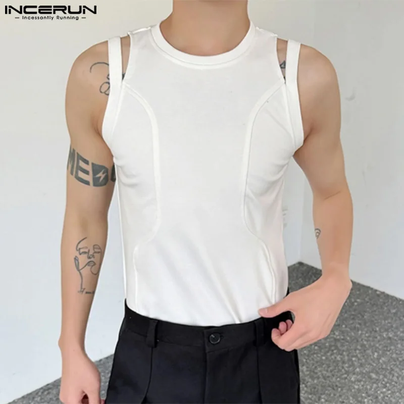Топы INCERUN 2024 мужские однотонные вязаные ажурные дизайнерские жилеты в Корейском