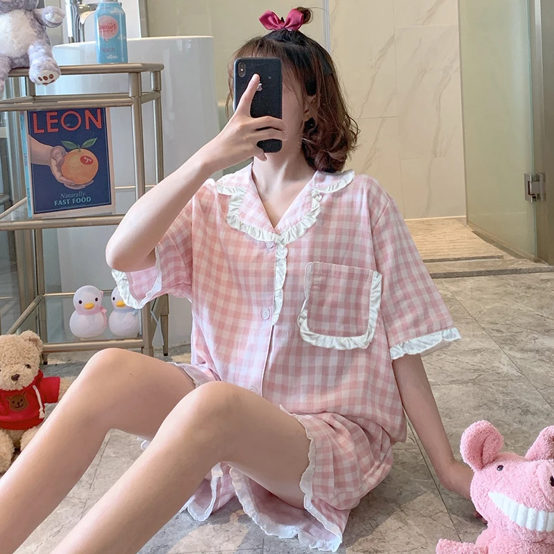 New Pajamas Set for Women Ladies Summer Thin Cotton Short Sleeve Sleepwear Suit Pink Plaid Women Home wear Clothes Set