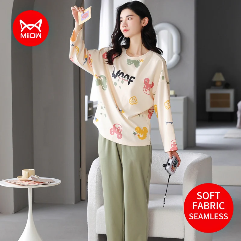 

Пижамный комплект MiiOW с мультяшными животными, мягкая одежда для сна, хлопковые брюки с длинным рукавом, осенне-зимняя одежда для отдыха, женский домашний костюм