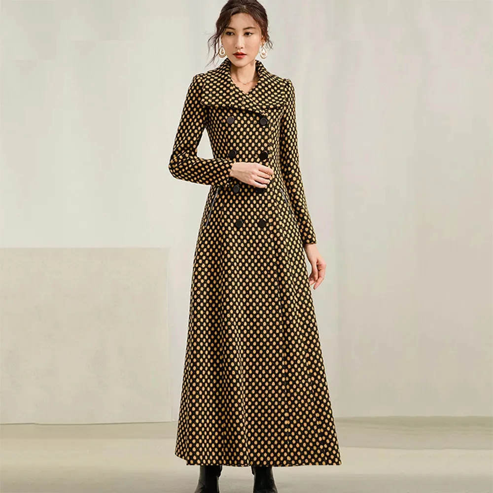 

Women Long Wool Blends Coat Autumn Winter Fashion Elegant Thick Warm Double Breasted Polka Dot Woolen Overcoat Slim Outerwear