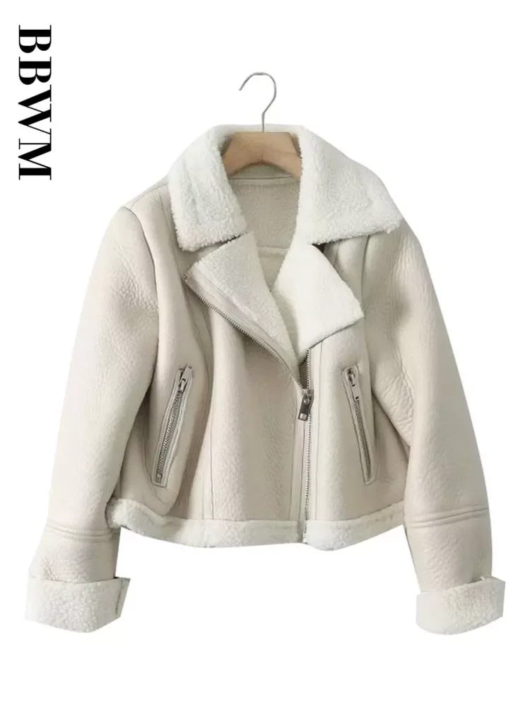 

Fur Faux Leather Lapel Long Sleeve Thick Warm Short Women's Jacket Coat Vintage Lambswool Chic Female Locomotive Tops black