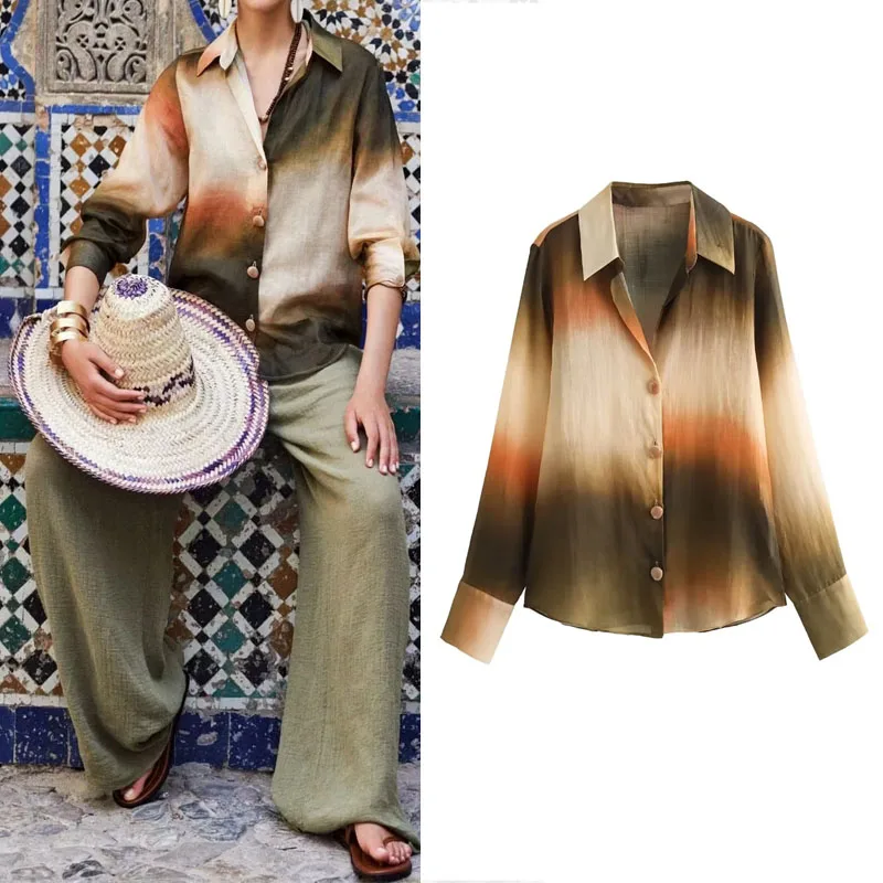 

TRAF 2023 Tie-Dye Shirt Summer Fashion Long Sleeves Woman Blouse Elegant Button-Up Front Shirts Youth Beautiful Lapel Blouses