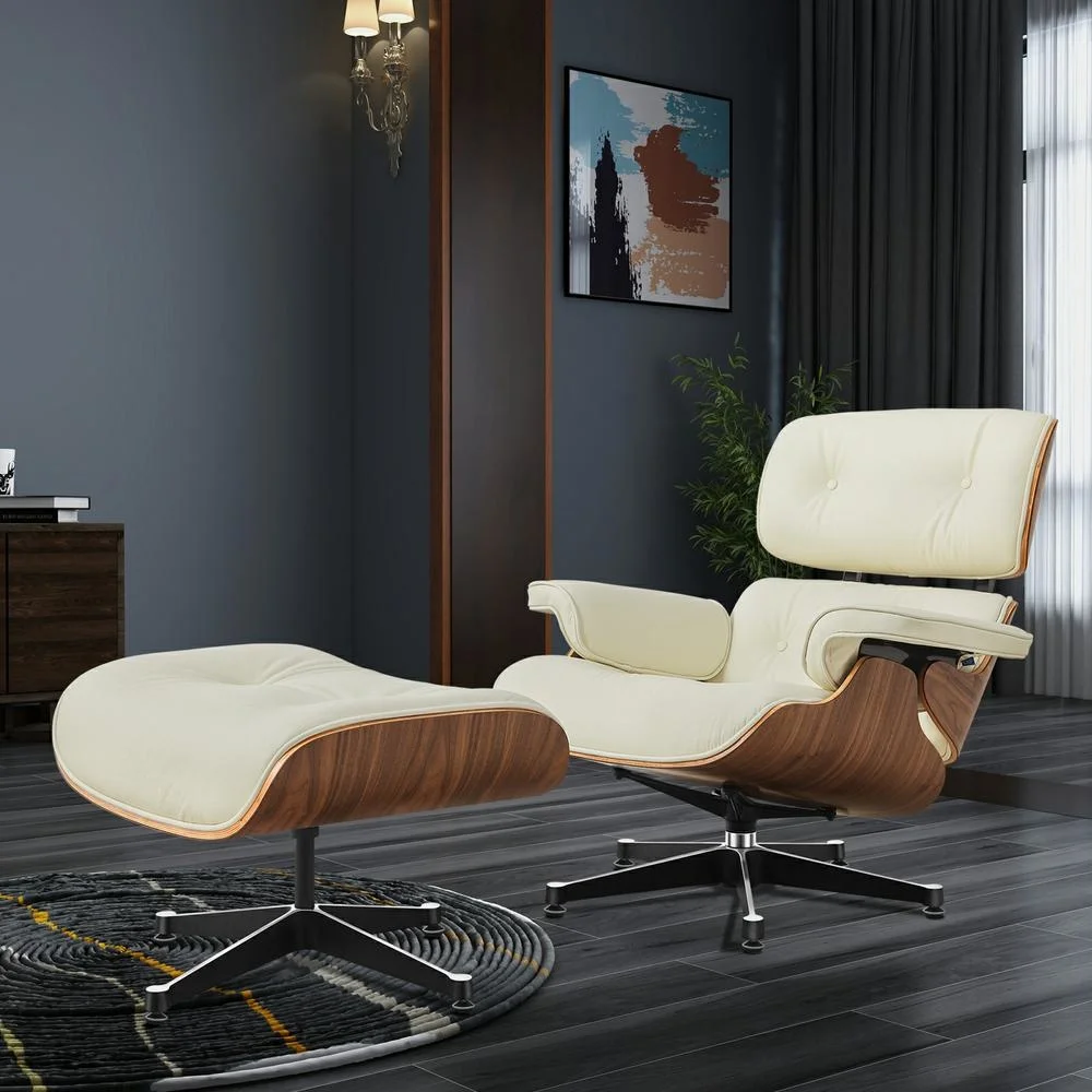 

EU Stock TY306 Classic Recliner Light Walnut Armchair With Ivory White Leather Black Big Head Swivel Foot Lounge Chair Furniture