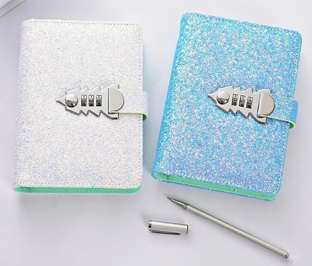 

Sequin PU Cover A6 Planner Binder Spiral Notebooks Stationery Journals Password Agenda Diary With Lock Note Book for School