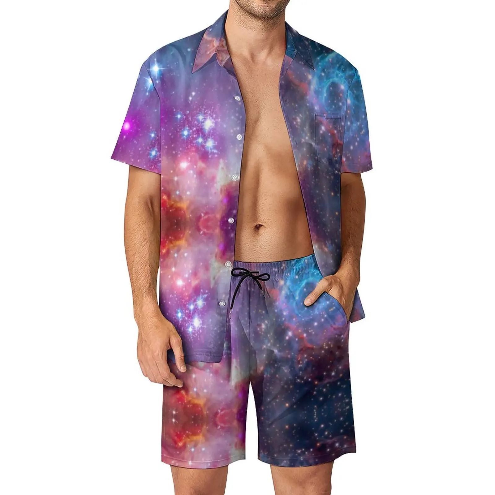

Colorful Sky Print Men Sets Super Galaxy Casual Shorts Outdoor Shirt Set Summer Hawaii Suit Short Sleeves Oversize