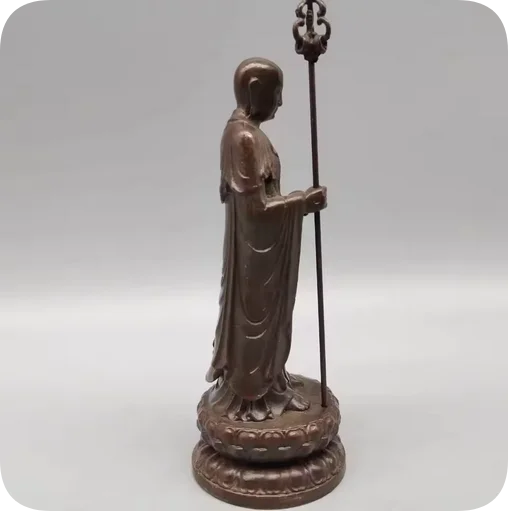 Антикварная бронзовая статуя Будды Джизо Короля Тан Санцзян стоячий лотос