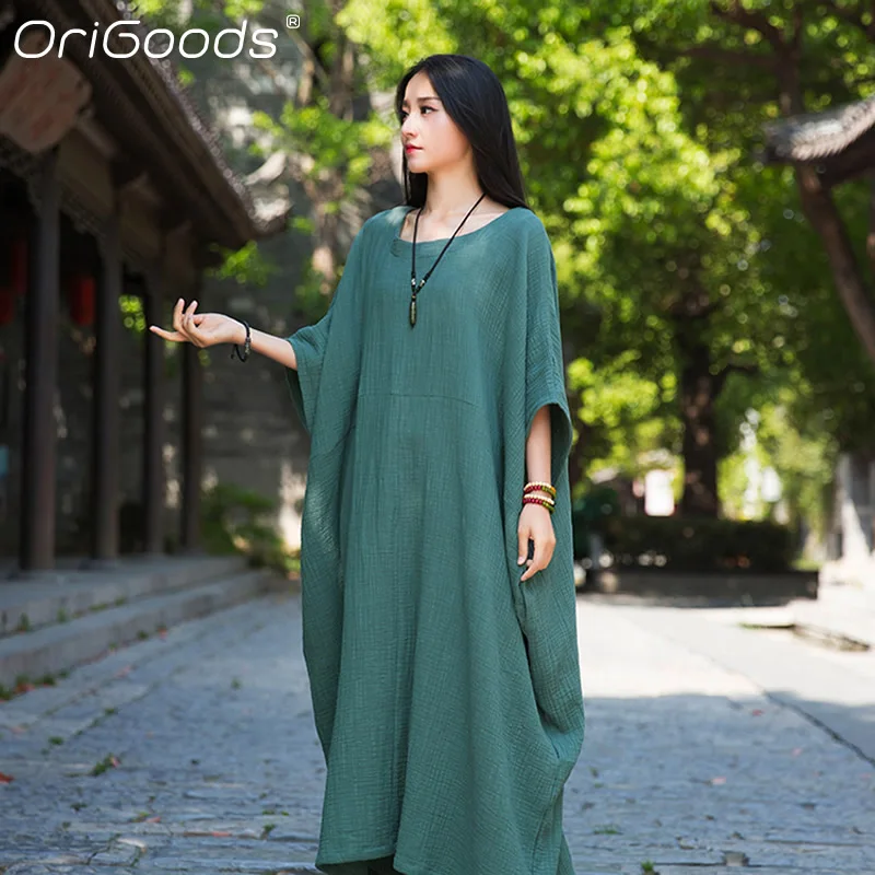 

OriGoods Women Plus size Dress Batwing sleeve 2022 Summer Long Dress Cotton Novelty Dress Original Design Oversized Dress B292