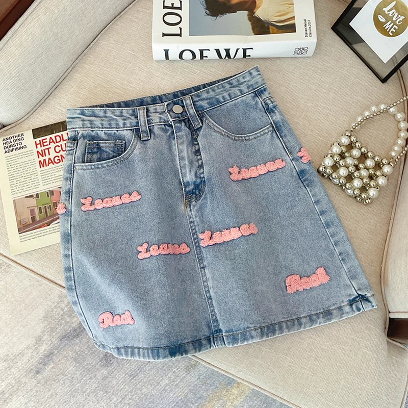 

Women Fashion Letter Embroidered Denim Mini Skirts High Waist Straight Double-deck Short Casual A- Line Short Skirt Summer 2023