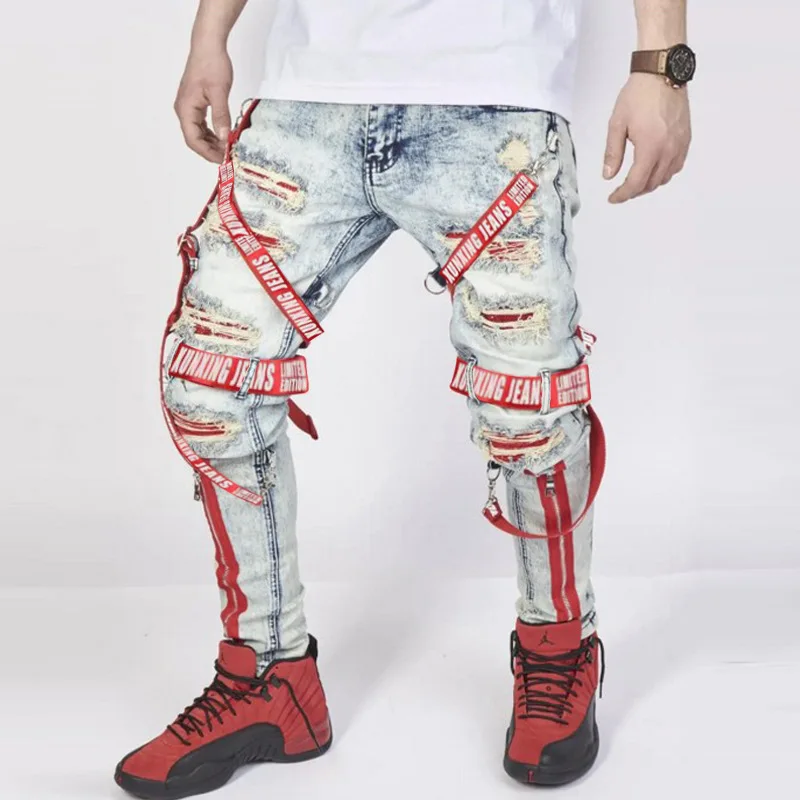 

2023 spring new men's fashion trend patchwork Webbing jeans with holes zipper Casual pants slim man pencil trousers Streetwear
