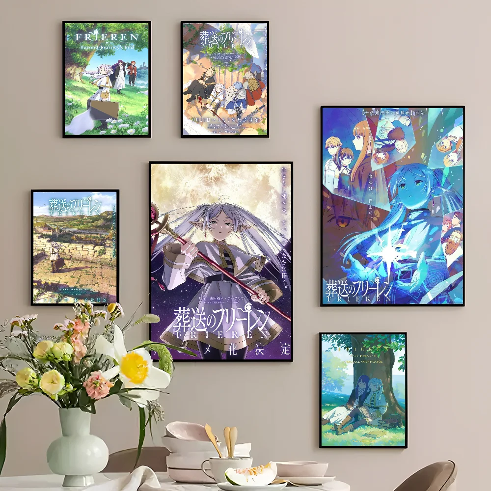 Клейкие постеры Frieren с аниме-фильмом винтажный декор для комнаты дома бара кафе