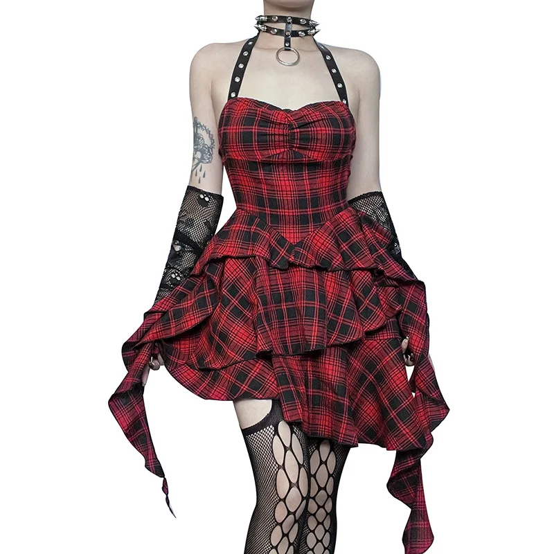 

Red Plaid Halter Neck Backless Mini Asymmetrical Preppy Style Club Sexy Dress y2k Party Wear Dresses For Women