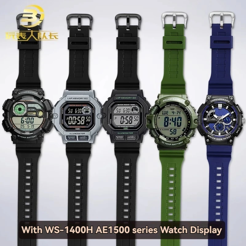 Фото Для Casio WS-1400H/1300/1500 W-737H AE1200 AE1500 DW-H5600 силиконовый ремешок для часов из смолы 18 мм спортивный резиновый браслет черный синий №1