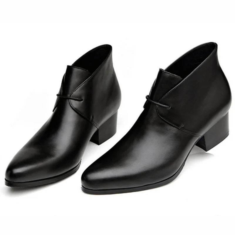

Luxury Vintage Men's Ankle Boots with High Heels Genuine Leather 2023 Winter New Style Quality Man Warm Dress Shoes 5cm Height