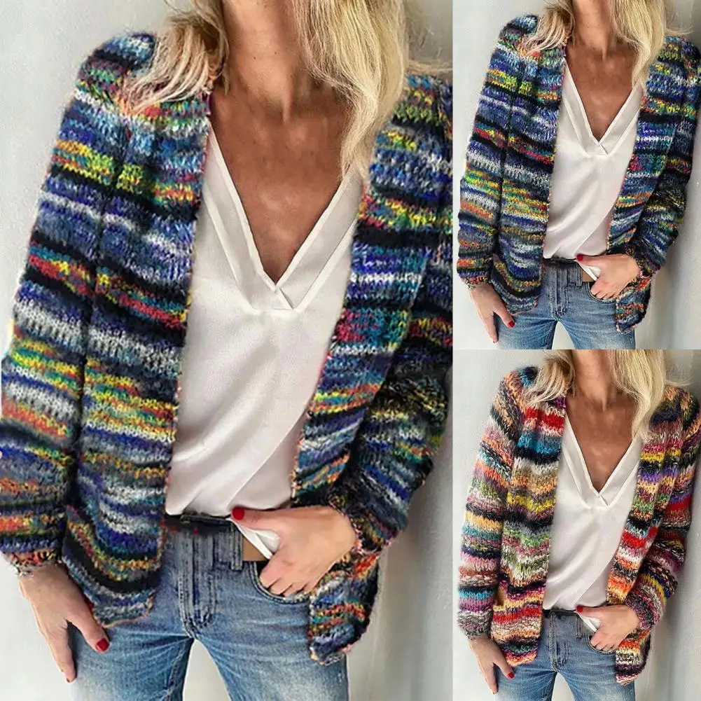 

Stylish Knitted Sweater Cardigan Sweater Rainbow Stripes Cardigan Coat Office Lady Sweater Women Sweater