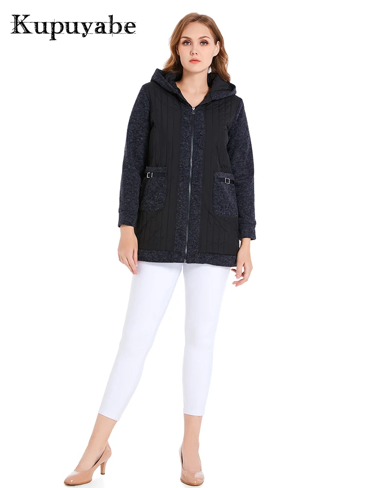 KUPUYABE Women's Plus Size Winter Jacket Cotton Padded Cotton Jacket Woolen Collar Pocket Warm and Wind-resistant Hooded Coat