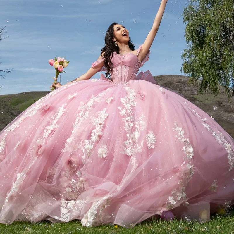 Розовые блестящие платья Quinceanera бальное платье с открытыми плечами милое 16