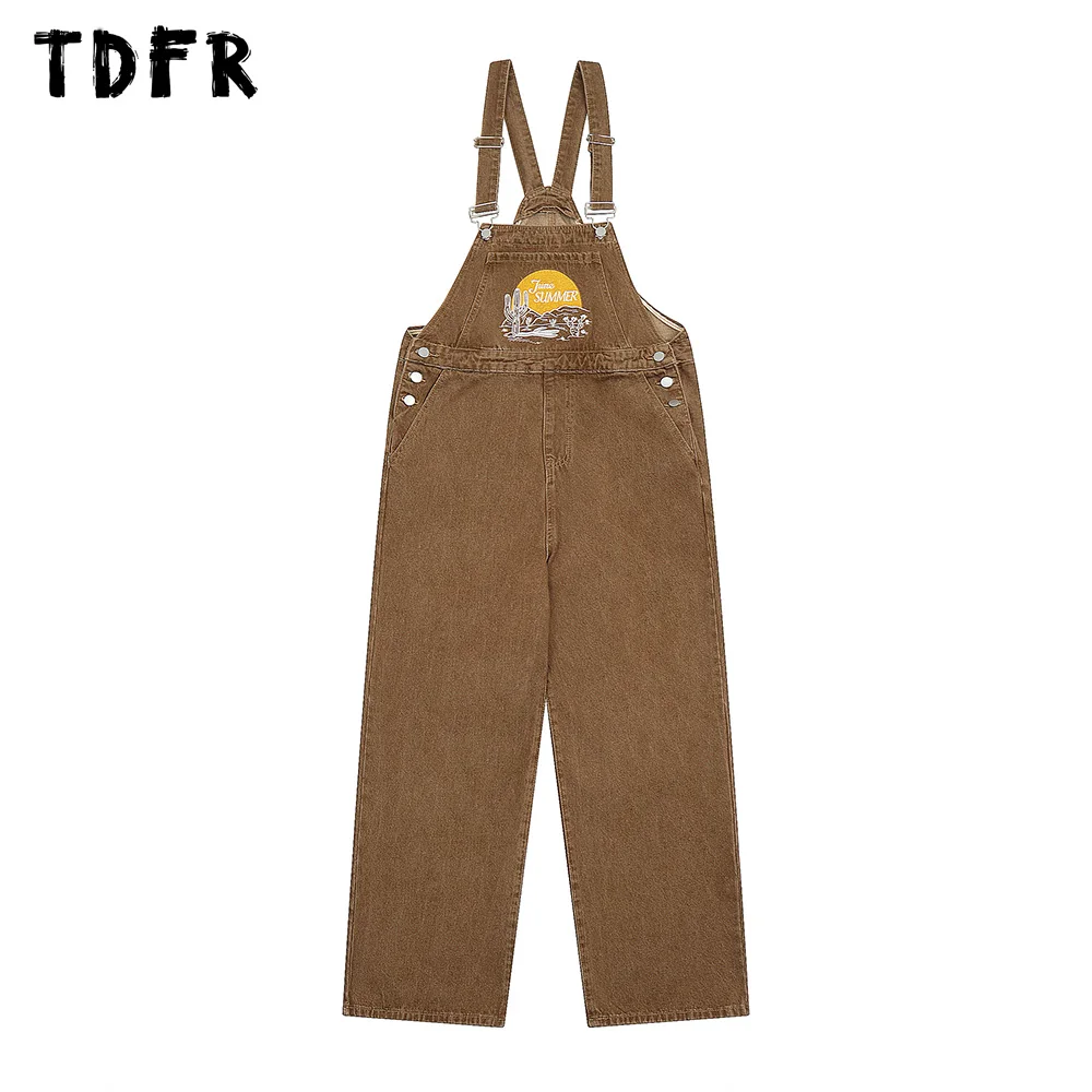 

Retro Embroidery Denim Overalls Mens Cargo Loose Wide Leg Casual Washed Distressed Suspender Jeans Men