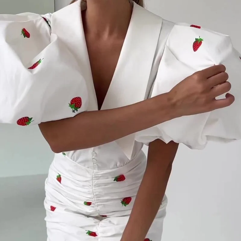 

Elegant Bubble Lantern Sleeve Draped Mini Dress Fashion French Strawberry Print Women Party Dress Casual Lapel Lady Shirt Dress