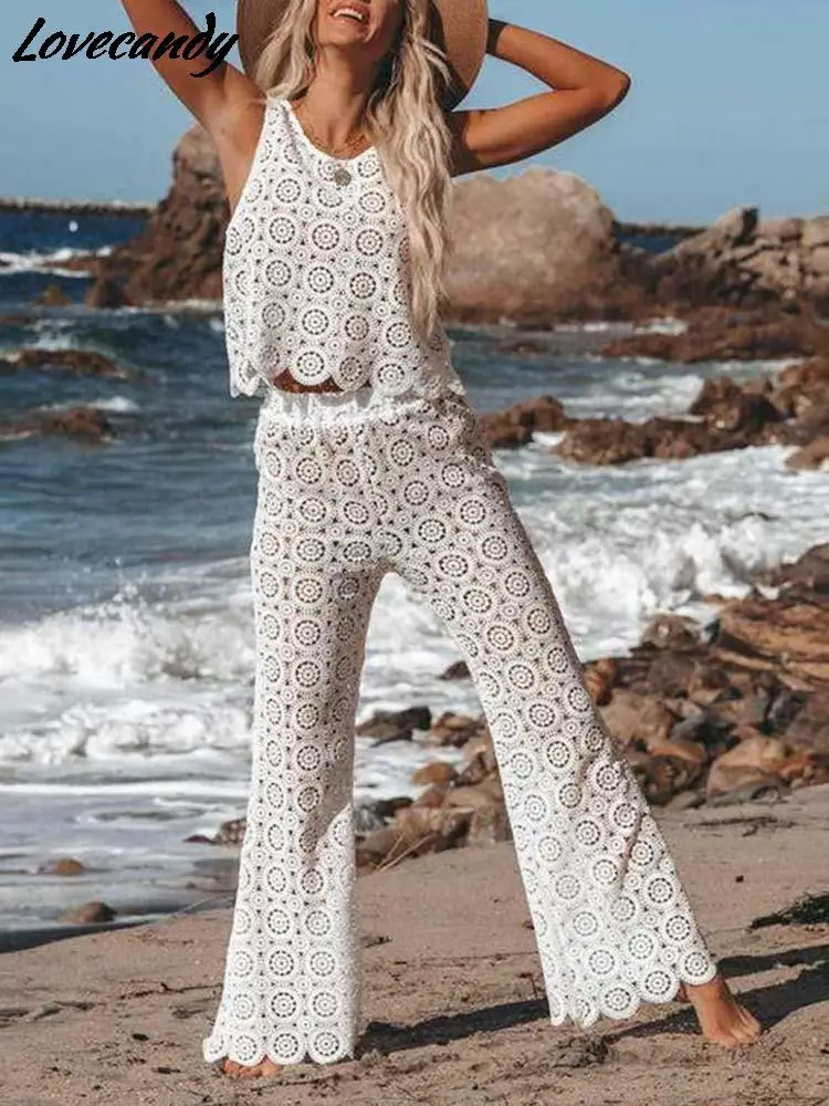 

Women Elegant Solid Lace Hollow Out 2 Piece Set 2022 Spring Summer Female Fashion Sleeveless Tank Top And Wide Leg Pants Outfits