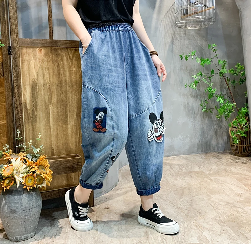 2023 Spring Summer Thin Loose Jeans Women Cartoon Pattern Harem Pants Cropped Pants High Waist Casual Pants Female Baggy Jeans