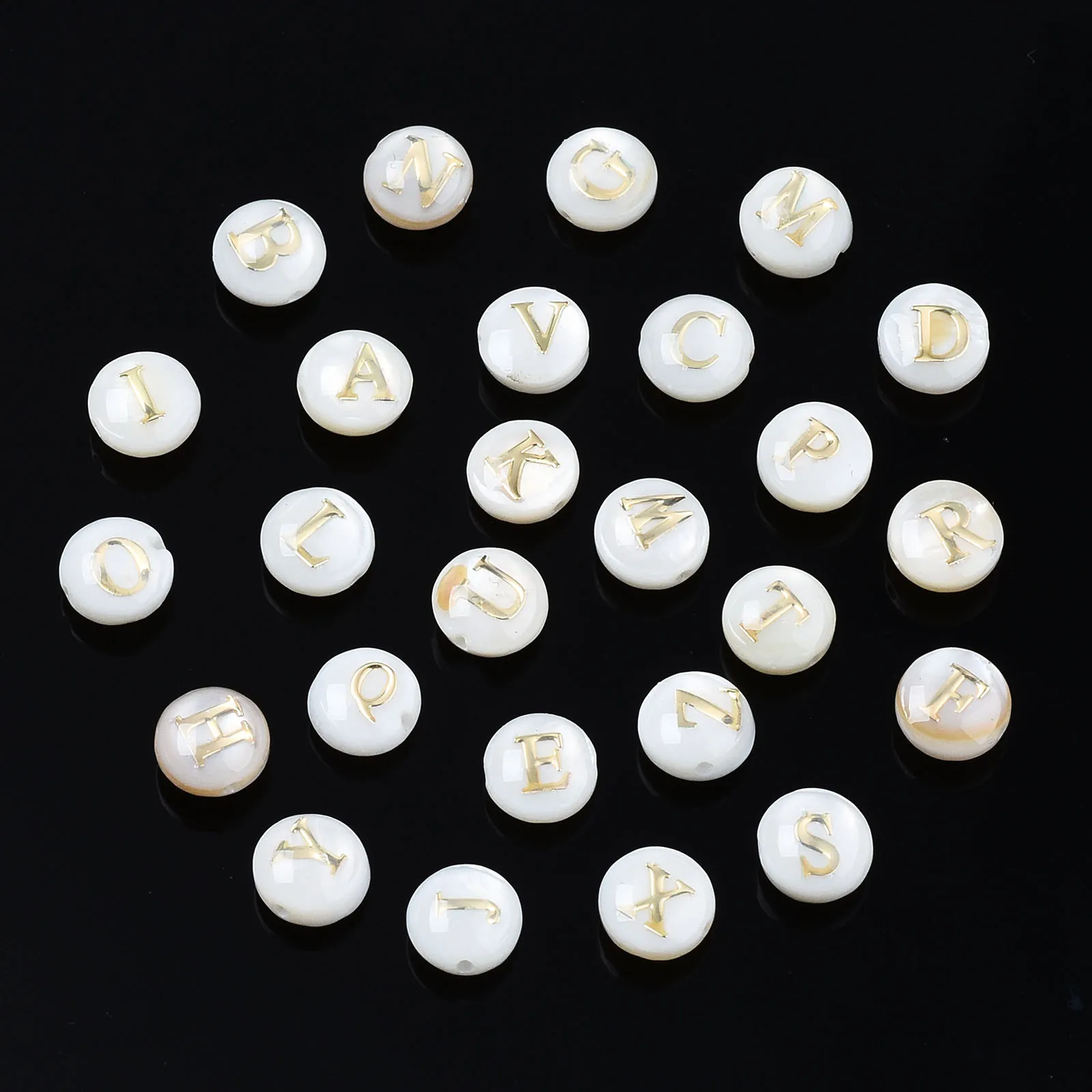 

Natural Freshwater Shell Beads Flat Round with Letter A~Z Spacer Beads With Golden Plated Brass Etched For Jewelry Making 6x4mm