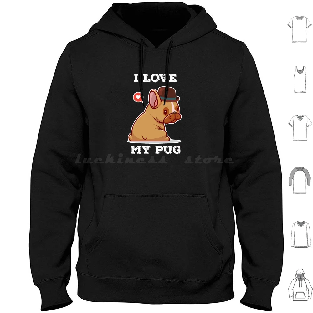 

Толстовки с капюшоном «Я люблю мопса», с длинным рукавом, собака, собаки, милый смешной юмор, водный цвет, мультфильм, мопсы, Мопсы
