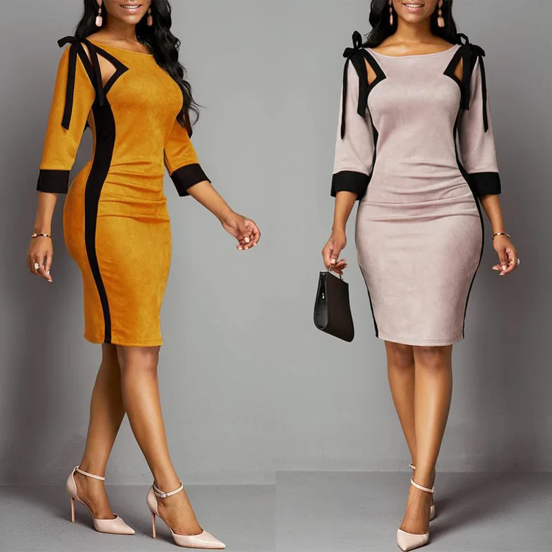 

Woman Dress 2021 New Spring Casual Slim Patchwork Office Pencil Bodycon Dresses Vintage Sexy Hollow Out Lace Up Party Dress