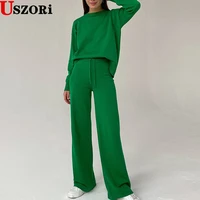 womens knitted pants suit women long sleeve winter green sweater tops wide leg pants suits loose oversize sweater set tracksuit
