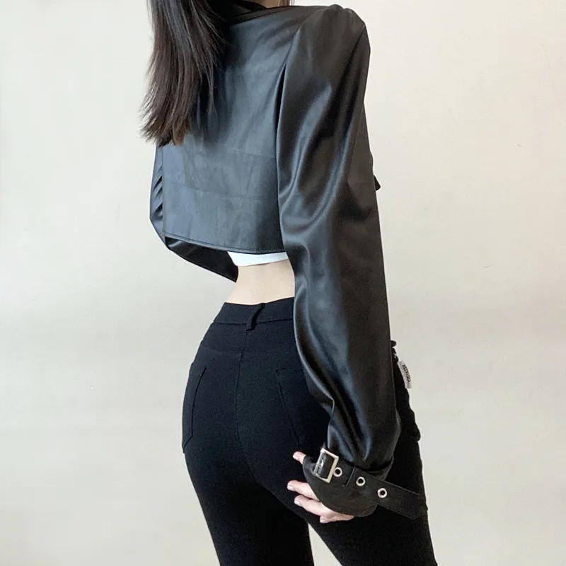 2022Chaquetas Leather Jacket Pu Leather Dark Wind Handsome Tide Cool Schoolbag Buckle Irregular Leather Jacket Female Spring New