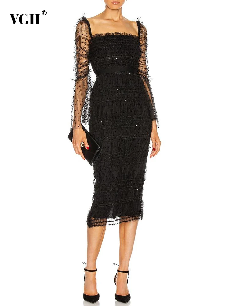 

VGH Black Dresses For Women Square Collar Long Sleeve High Waist Patchwork Lace Up Sheath Slim Elegant Dress Female Fashion New