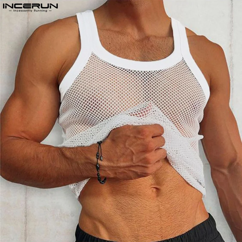 

INCERUN Men Tank Tops Mesh See Through Sexy Summer O-neck Sleeveless Vests 2023 Streetwear Fitness Stylish Men Clothing S-5XL