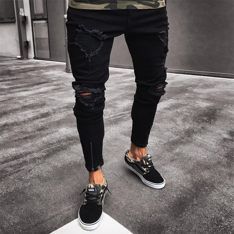 Europe and America New Graphic Jeans Men's Spring Autumn Knee Broken Trousers Y2k Clothes Casual Chic Zipper Men Denim Pants