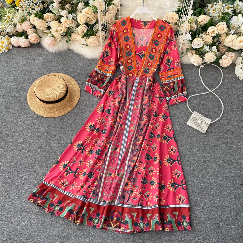 

Женский сарафан в стиле бохо, повседневное длинное платье с принтом в стиле ретро, платье-трапеция с V-образным вырезом, пышными рукавами и в...