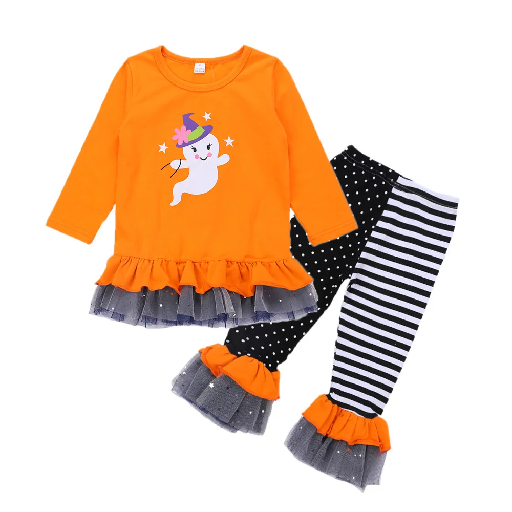 

Girls' suits Middle and small children's lace long-sleeved suits snowman print two-piece suit