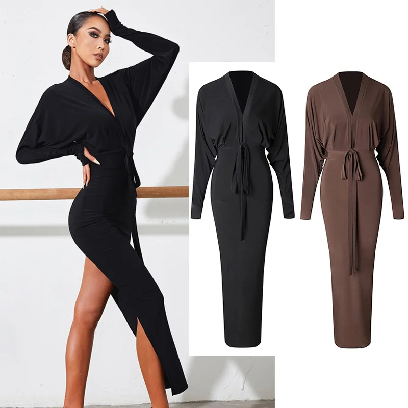 

New Latin Dance Dress Women Bat-Sleeved Slit Long Dress Rumba Ballroom Dance Competition Dress Adult Practice Wear