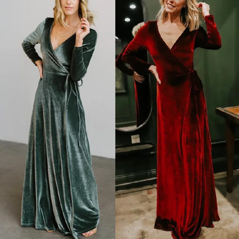 

Mandylandy Women Elegant Vintage Velvet Evening Dress Fashion Casual Long Sleeve V Neck High Waist Corset A-line Party Dress
