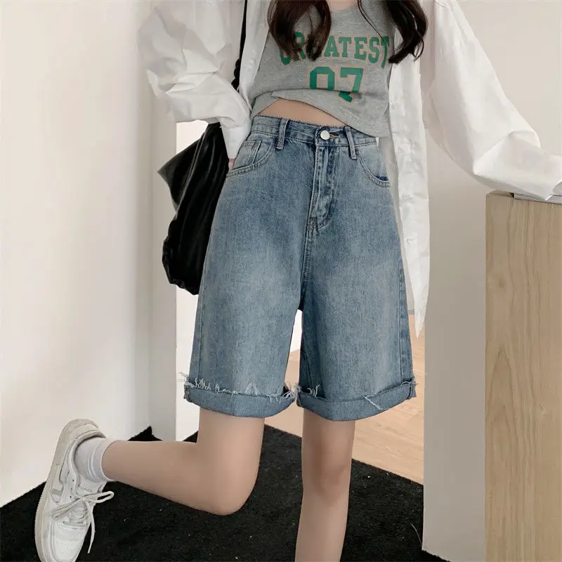 Five-point Denim Shorts Women Summer Thin Section Large Size Loose Thin Design Sense Raw Edge A-line Wide-leg Pants Ins Tide 5XL