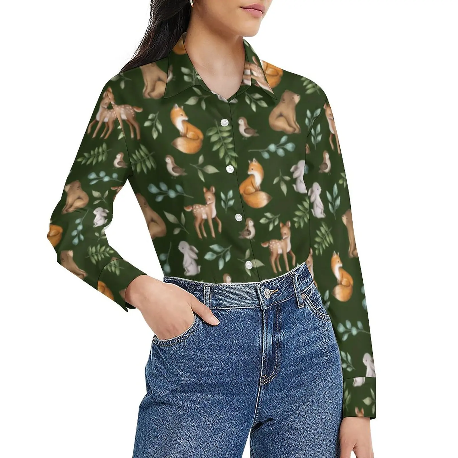 

Kawaii Bear Fox Blouse Long-Sleeve Forest Animals Print Modern Blouses Womens Korean Fashion Oversize Shirt Graphic Clothes Gift