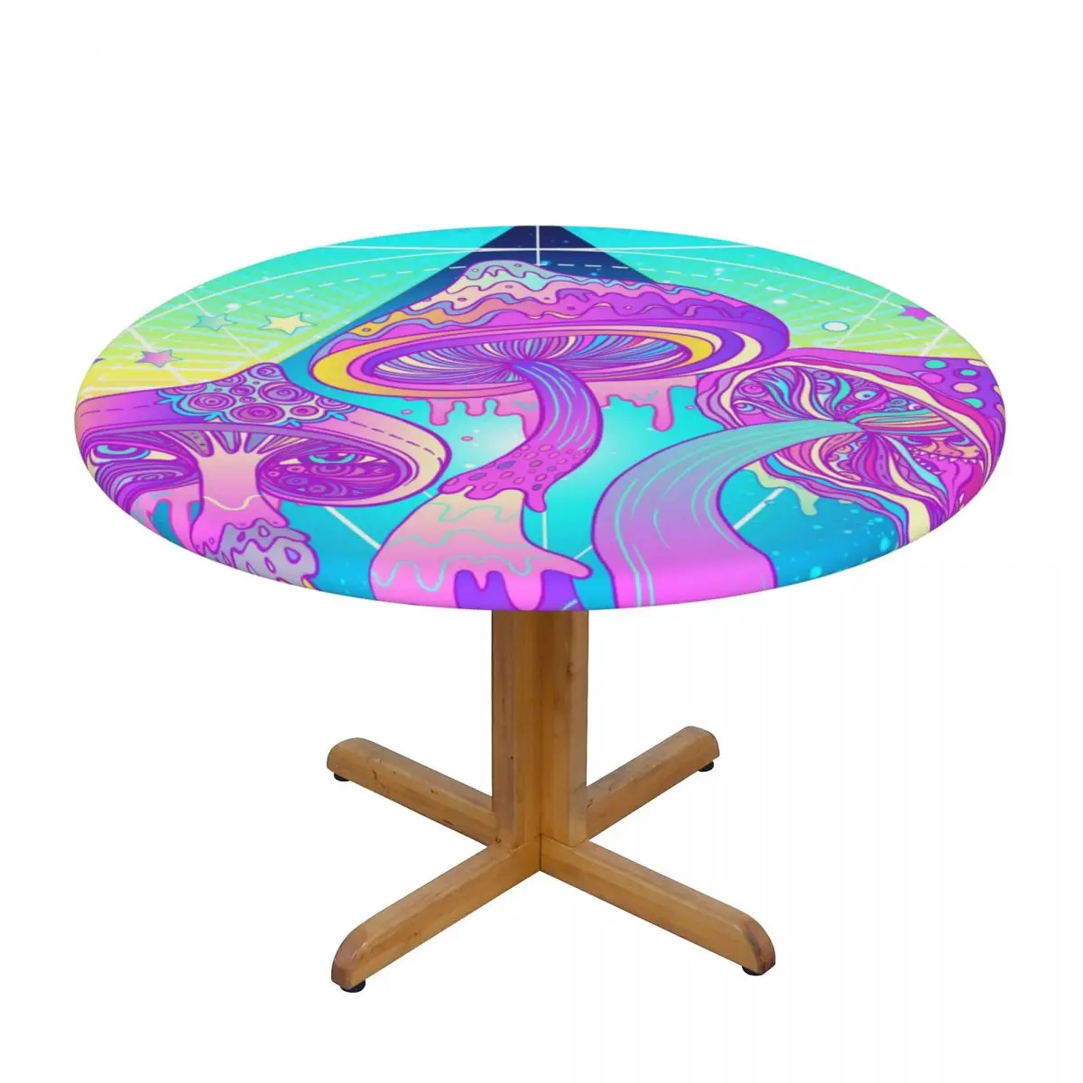 

Fitted Round Tablecloth Protector Soft Table Cover Magic Mushrooms With Sacred Geometry Anti-Scald Plate Kitchen Tablemat