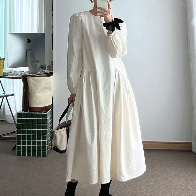 Korean Fashion Solid Color A Line Midi Dress Woman Simple Round Neck Long Sleeve High Waist Pleated Women Dresses Dropshipping