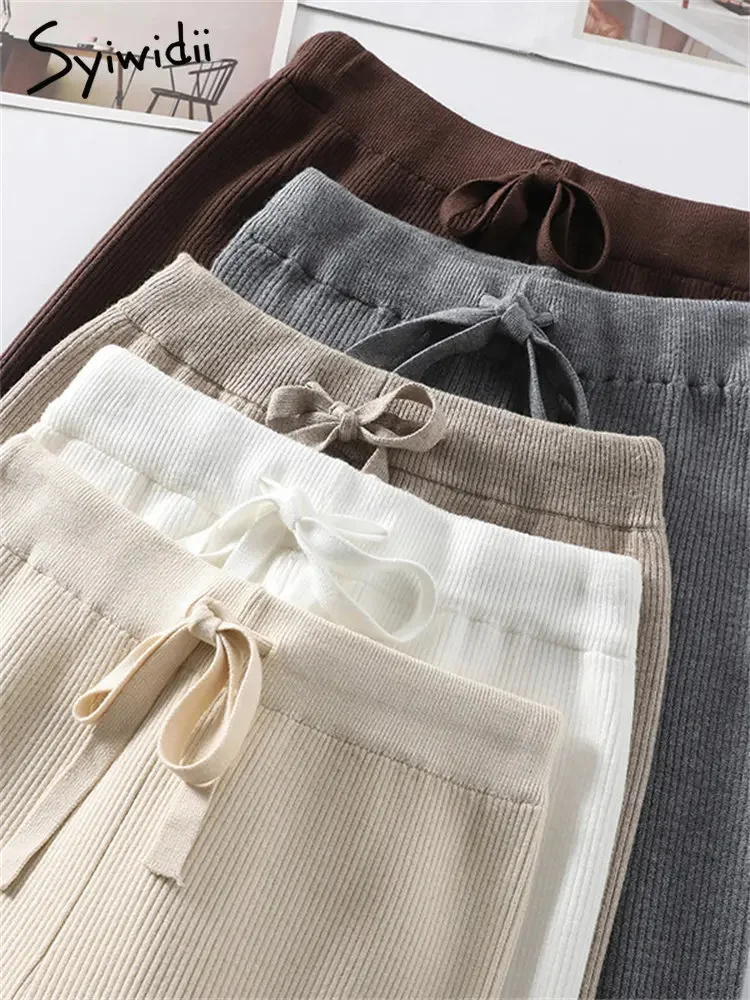 

Зимние трикотажные брюки Syiwidii для женщин, широкие брюки с талией i, повседневные офисные женские черные плотные теплые брюки, 2023