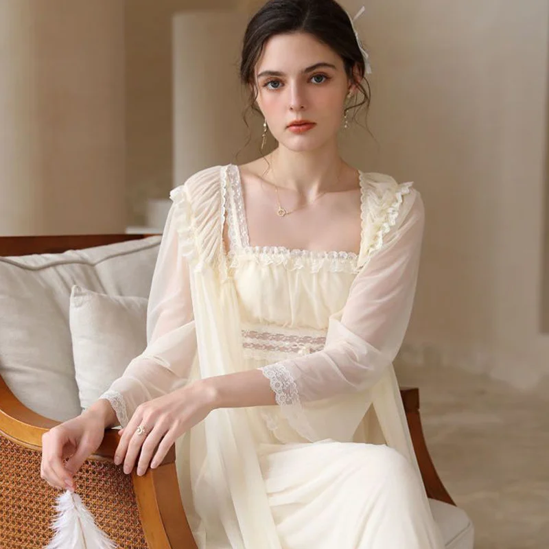 2pcs Nightgown Women Mesh Lace Lovely Sweet Nightdress Princess Nightgown Sleepwear Elegant Comfy Leisure Spring Sexy Sleepwear