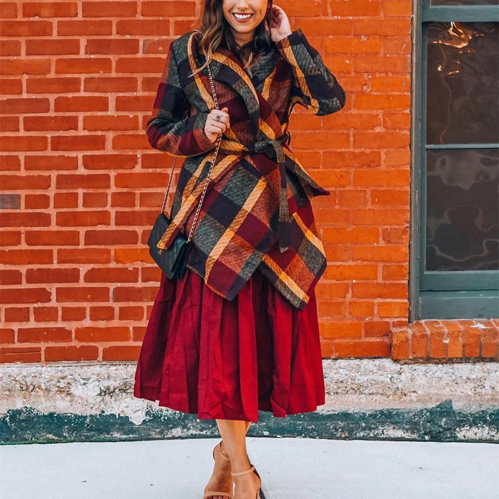 

Autumn Winter Coats Vintage Plaid Wool Coats Navidad Black Jacket for Women Elegant Lace Up Medium Length Tops Jackets Oversized