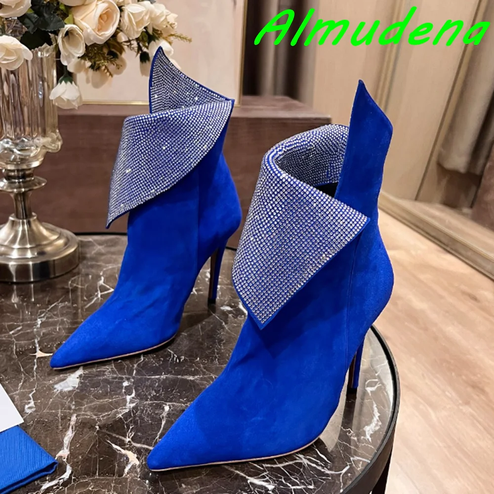

Rhinestone Bling Ankle Boots Pointed Toe Pleated Slip On Sexy Stiletto Heels Autumn Winter Casual Party Fashion Leather Shoes