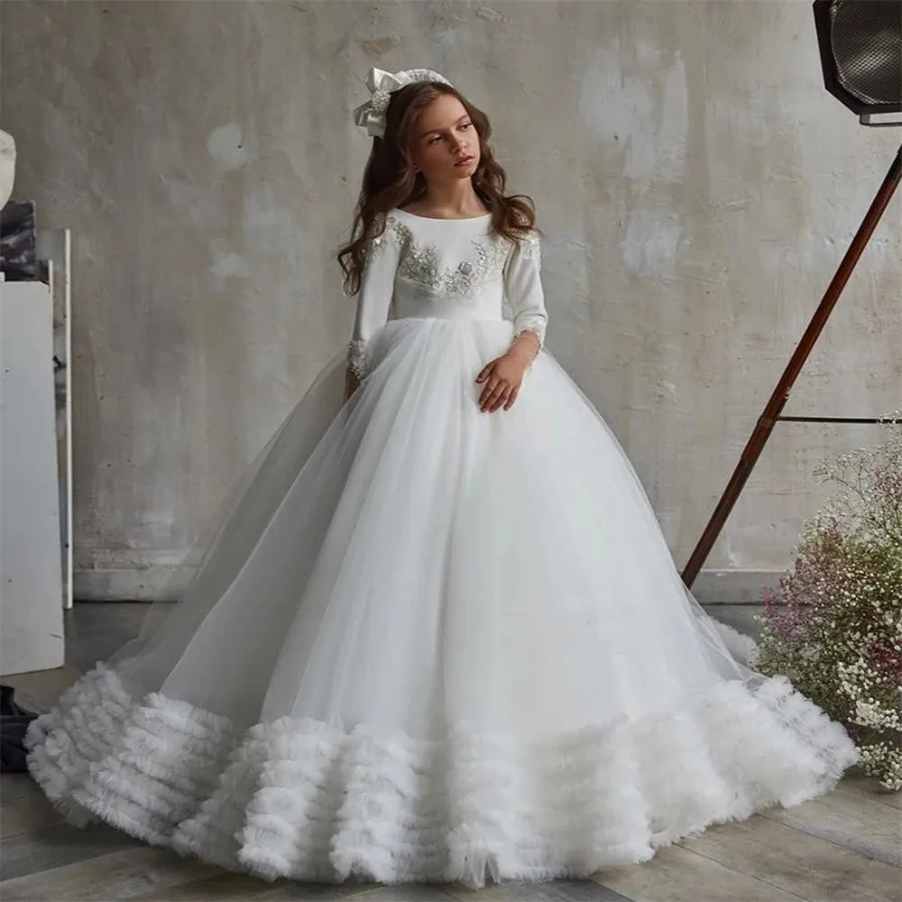 

Платье для девочек с цветочным рисунком, аппликация, вышивка бисером, Глубокий круглый вырез, пышная юбка с длинным рукавом, платье на заказ для дня рождения, первого причастия