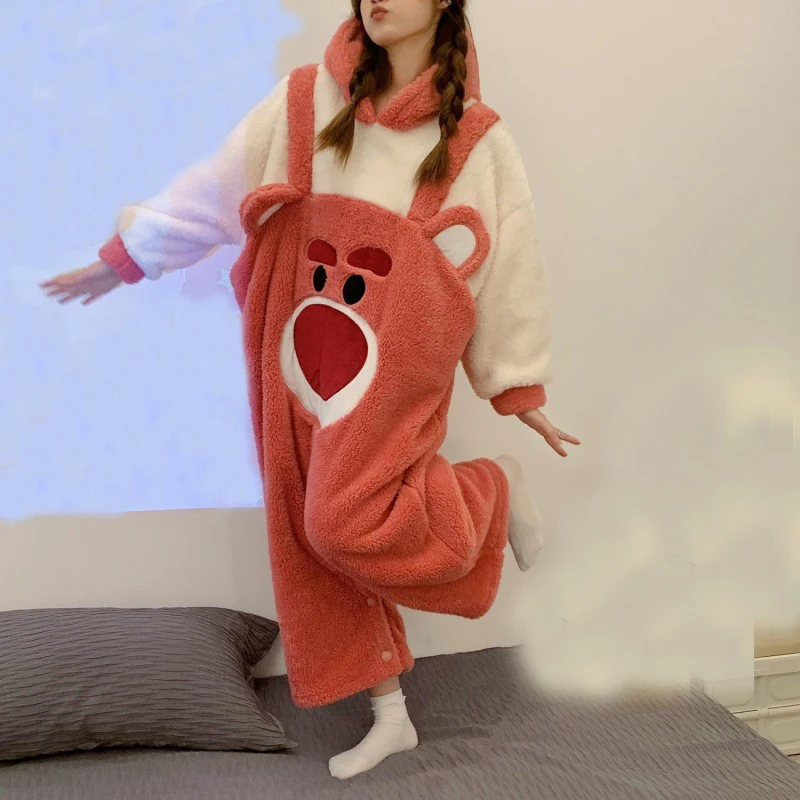 Winter Warm Pajamas Set Jumpsuits Women Coral Fleece Sleepwear Kigurumi Animal Bear Onesie Cartoon Thicken Plus Size Pyjamas