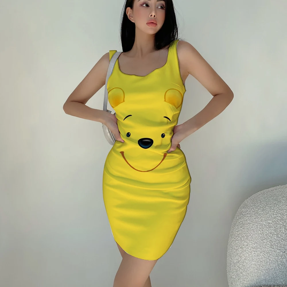

Summer Dress Sexy Square Neck Sleeveless Sling Dress Elegant Slim Cocktail Party Evening Dress Disney Winnie the Pooh Cute Dress