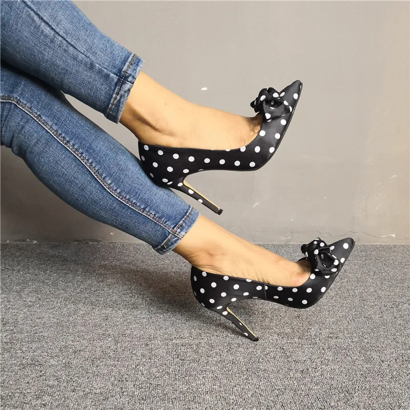 Sexy Bowtie Polka Dot Silk Pumps Women Black White Round Dot Pointed Toe Thin Heels Dress Single Shoes Wedding High Heels