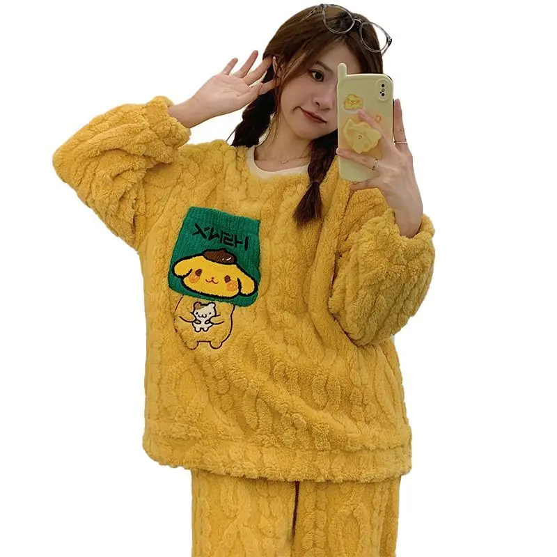 

Kawaii Sanrio Purin Coral Velvet Pajamas for Girls Sanrio Autumn and Winter New Style Plush Thickened Flannel Housewear Suit