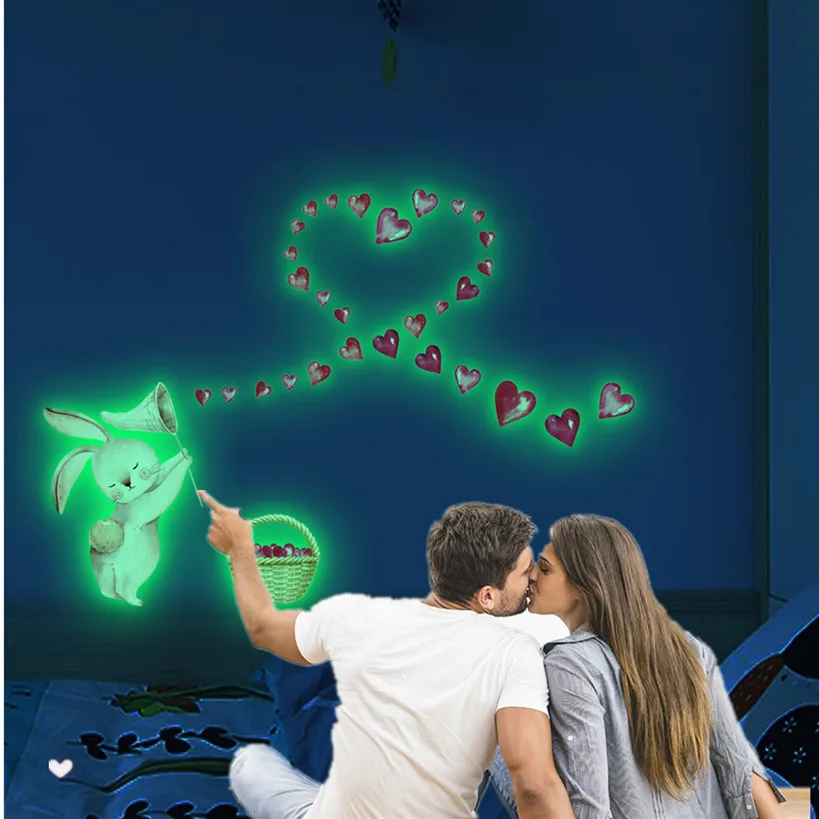 Girls Room Decoration Kawaii Wall Sticker Cute Anime Rabbit Love Luminous Stickers Children's Bedroom Living Room Decor Supplies